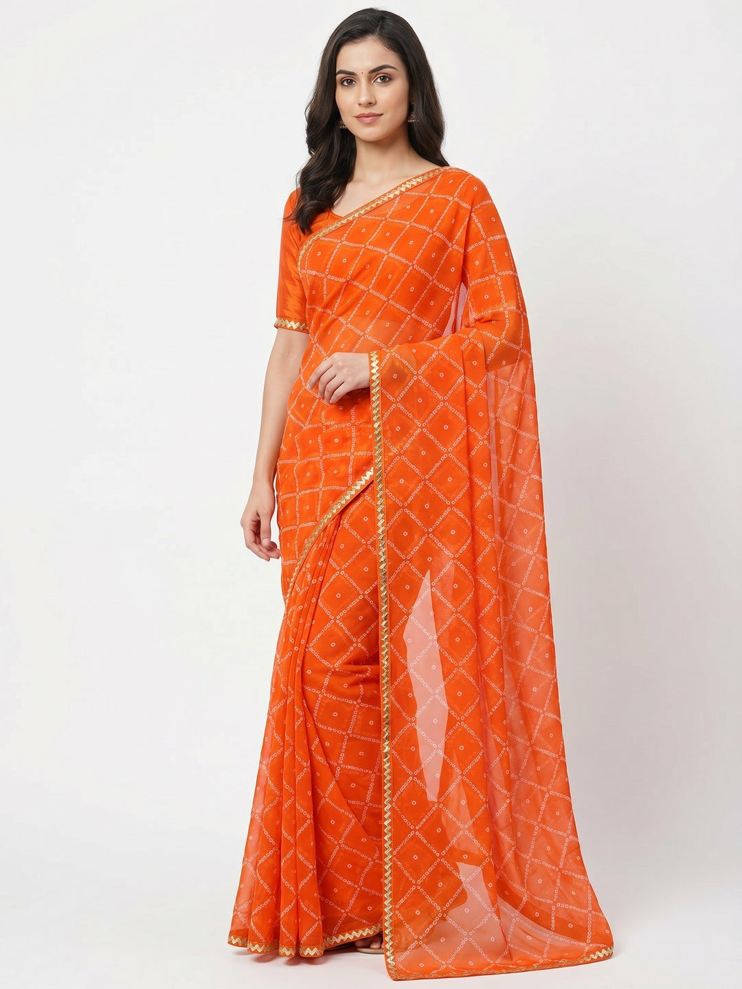 Orange Bandhani Printed Georgette Saree - Image 1