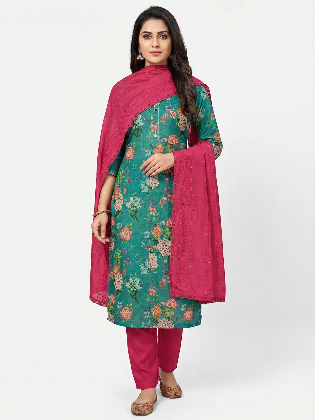 Sea Green Floral Printed Cotton Silk Dress Material - Image 1