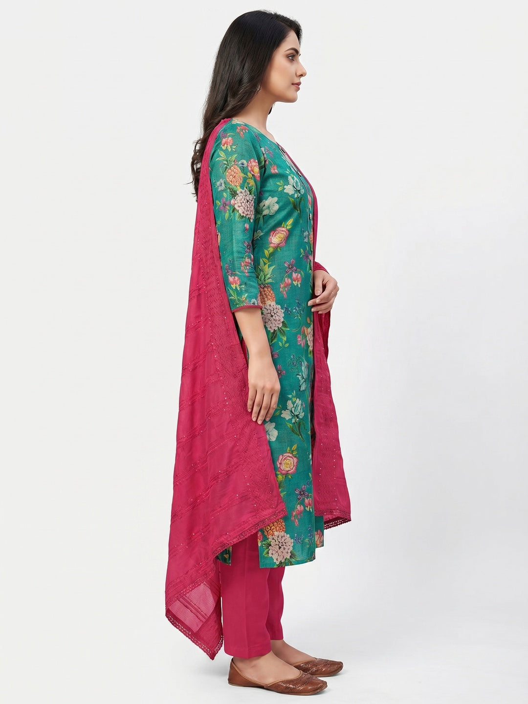 Sea Green Floral Printed Cotton Silk Dress Material - Image 2