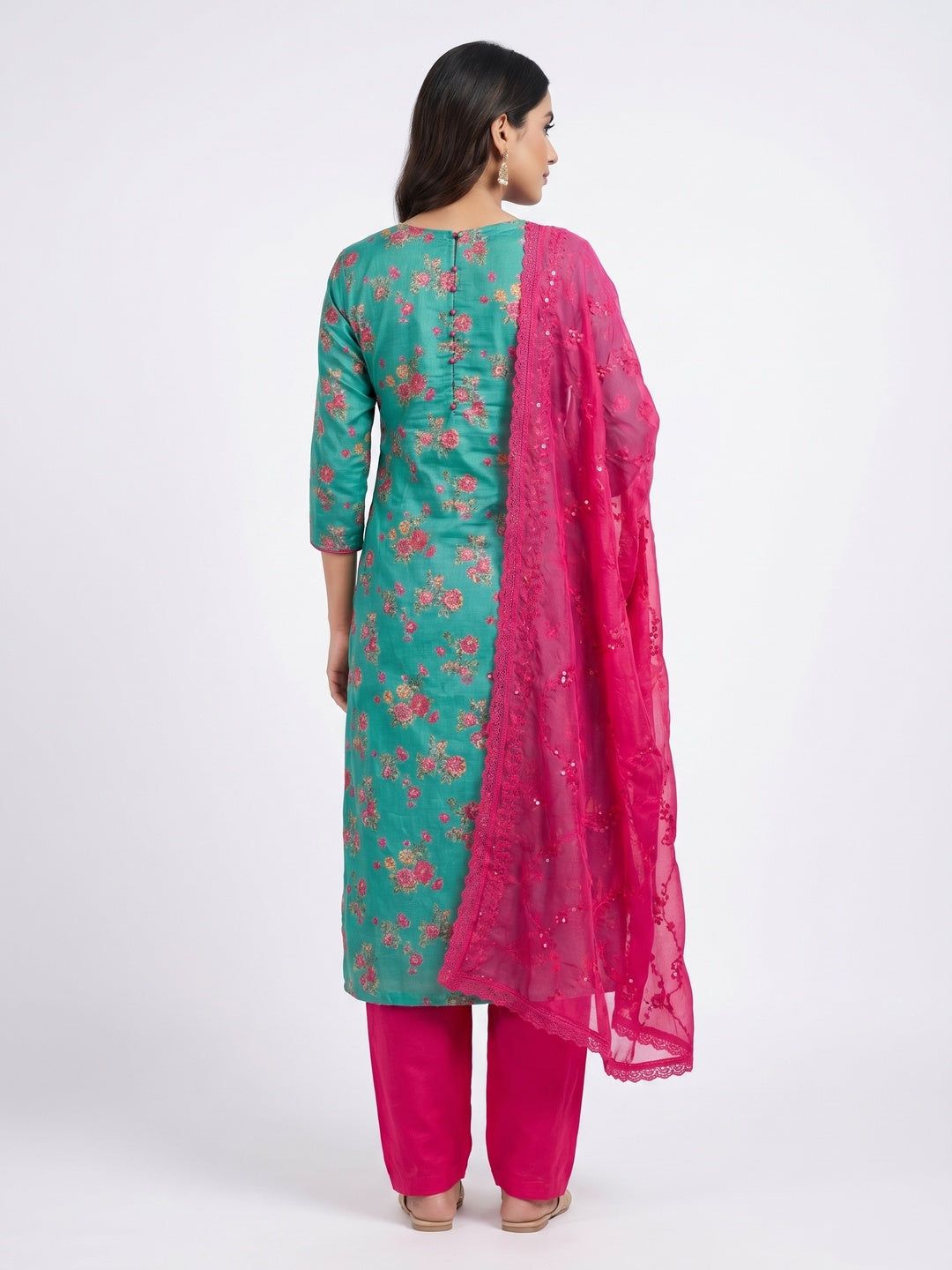 Sea Green Floral Printed Cotton Silk Dress Material - Image 3