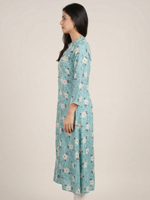 Turquoise Floral Foil Printed Rayon Kurti - Image 1