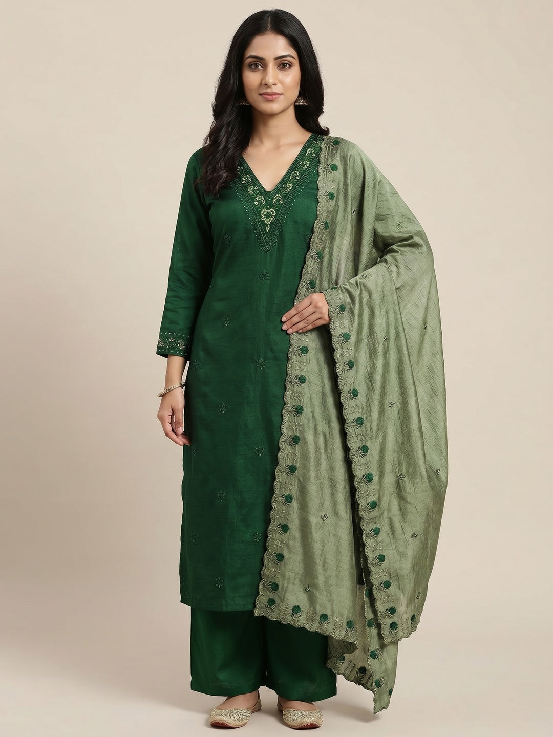 Green Floral Emboidered Vichitra Silk Dress Material - Image 1