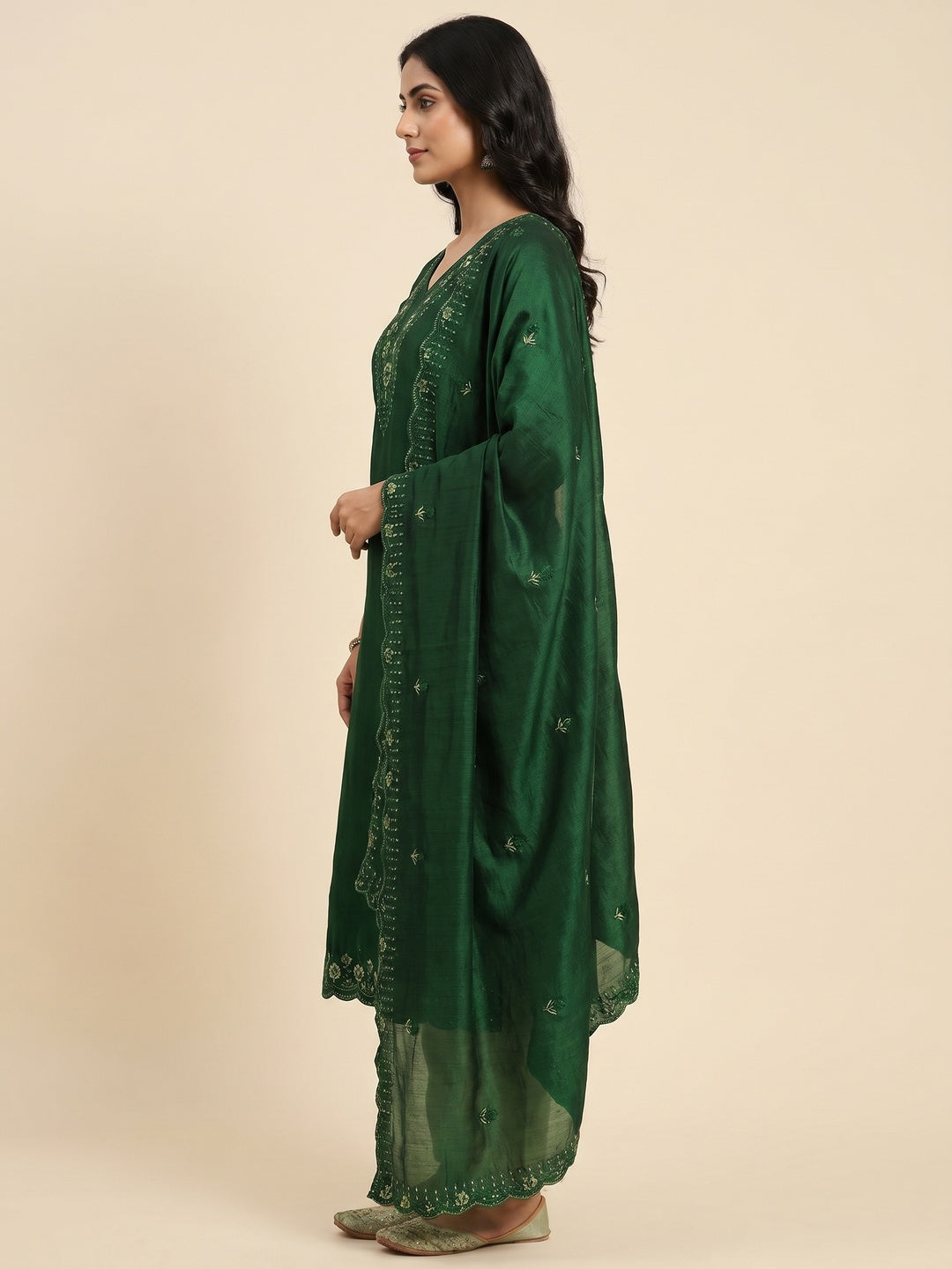 Green Floral Emboidered Vichitra Silk Dress Material - Image 2