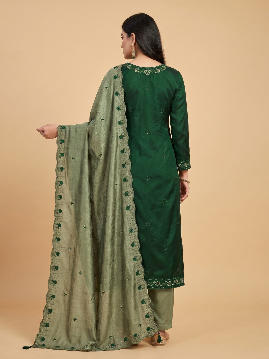Green Floral Emboidered Vichitra Silk Dress Material - Image 3