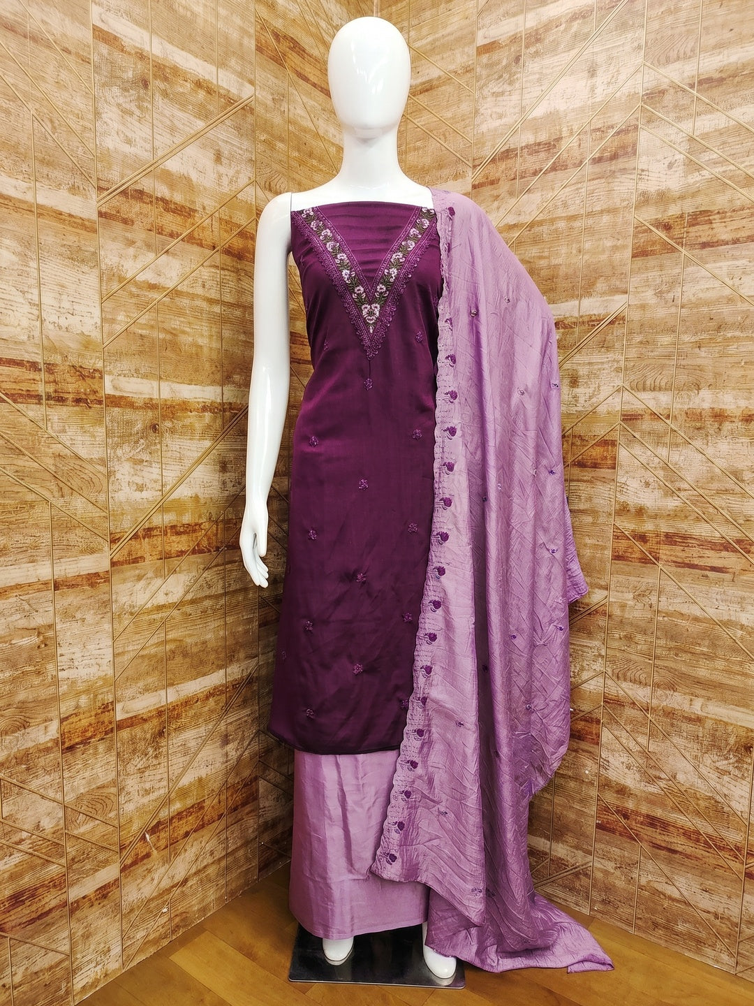 Purple Floral Embroidered Vichitra Silk Dress Material - Image 1
