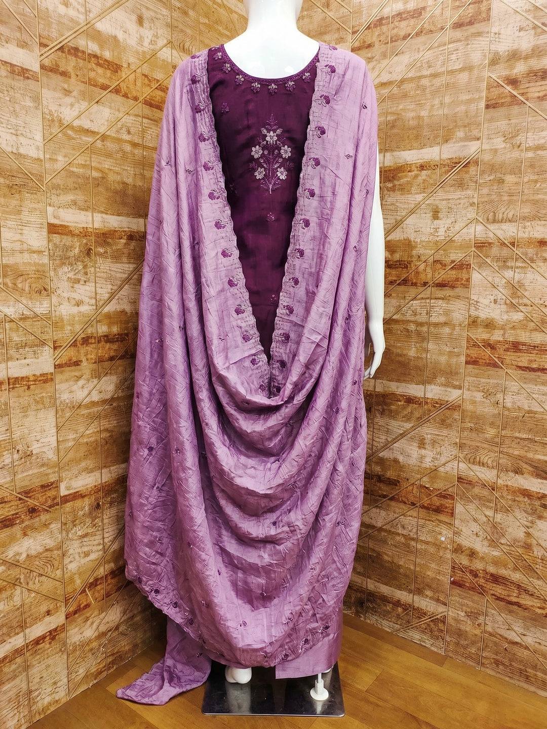 Purple Floral Embroidered Vichitra Silk Dress Material - Image 2
