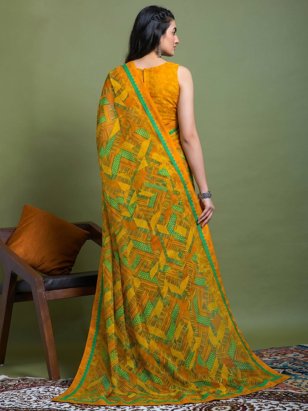 Mustard Geometric Printed Chiffon Saree - Image 1
