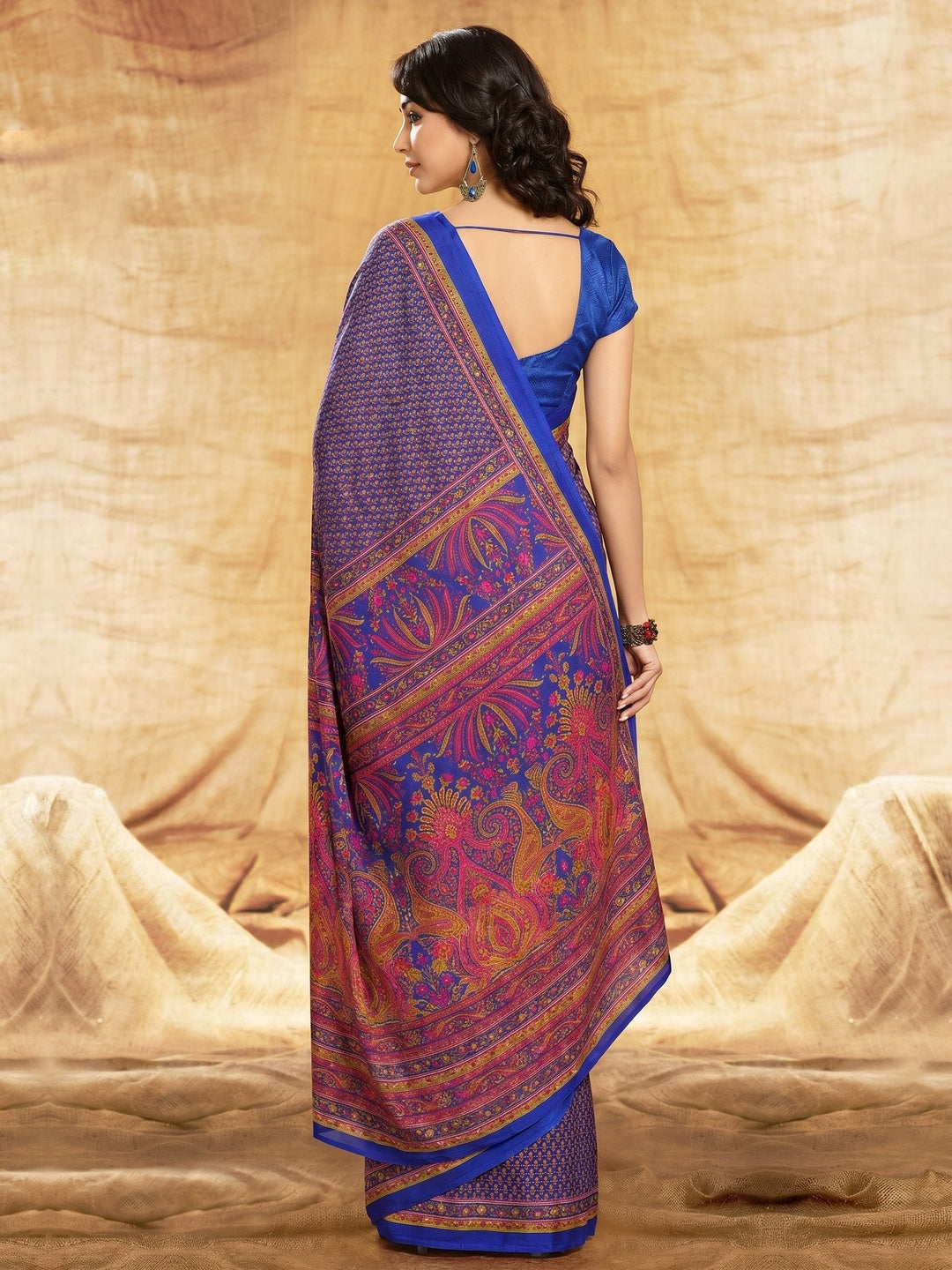 Blue Floral Printed Crepe Silk Saree - Image 1