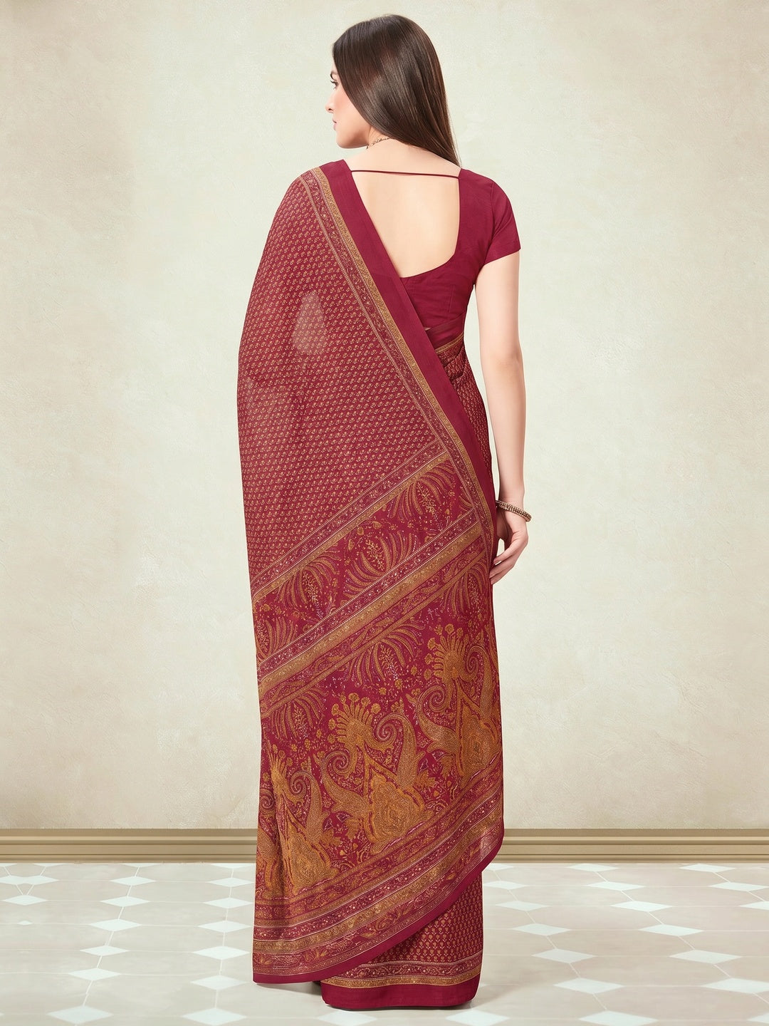 Maroon Floral Printed Crepe Silk Saree - Image 3