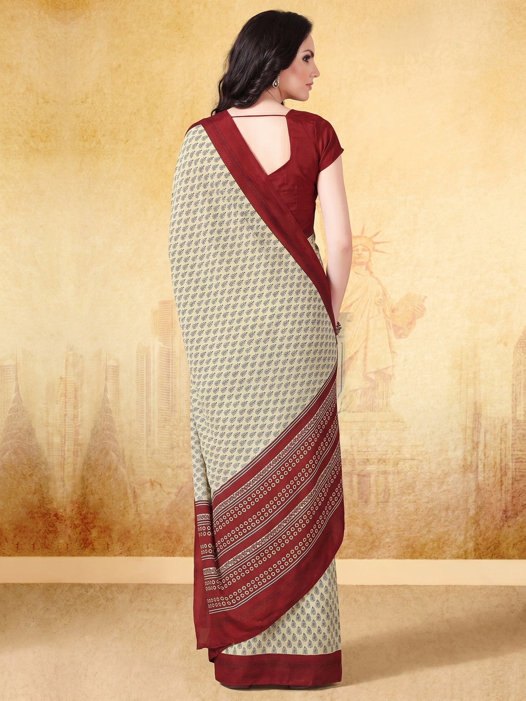 Cream Floral Printed Crepe Silk Saree - Image 1