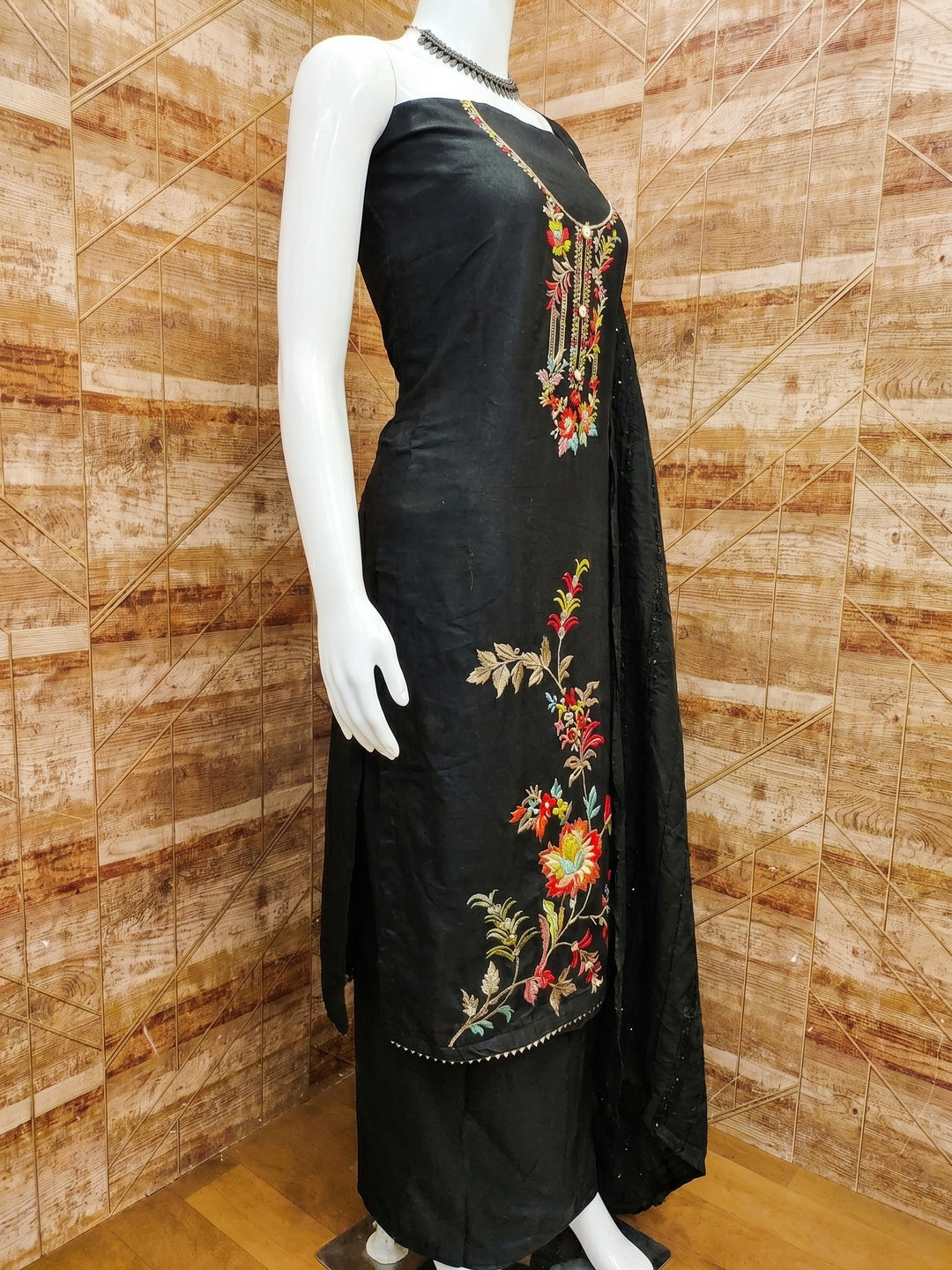 Black Floral Woven Dola Silk Dress Material - Image 3