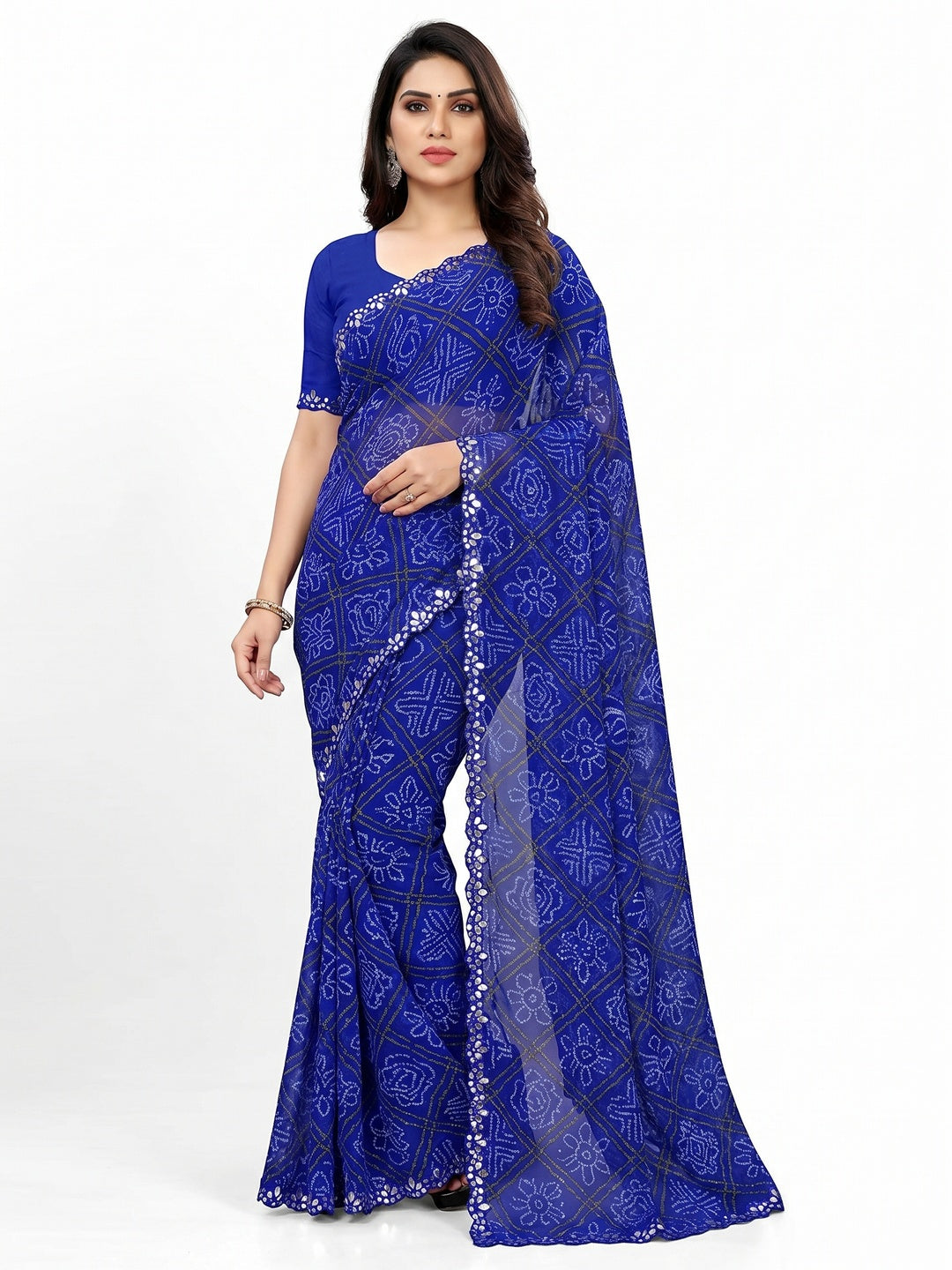 Blue Bandhani Printed Georgette Saree - Image 1