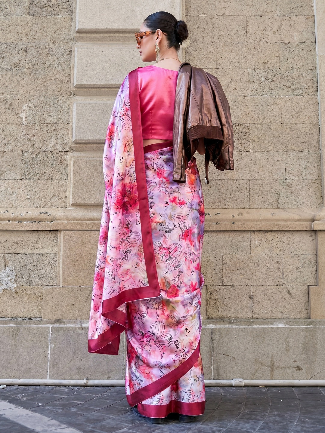 Pink Digital Printed Satin Saree - Image 1