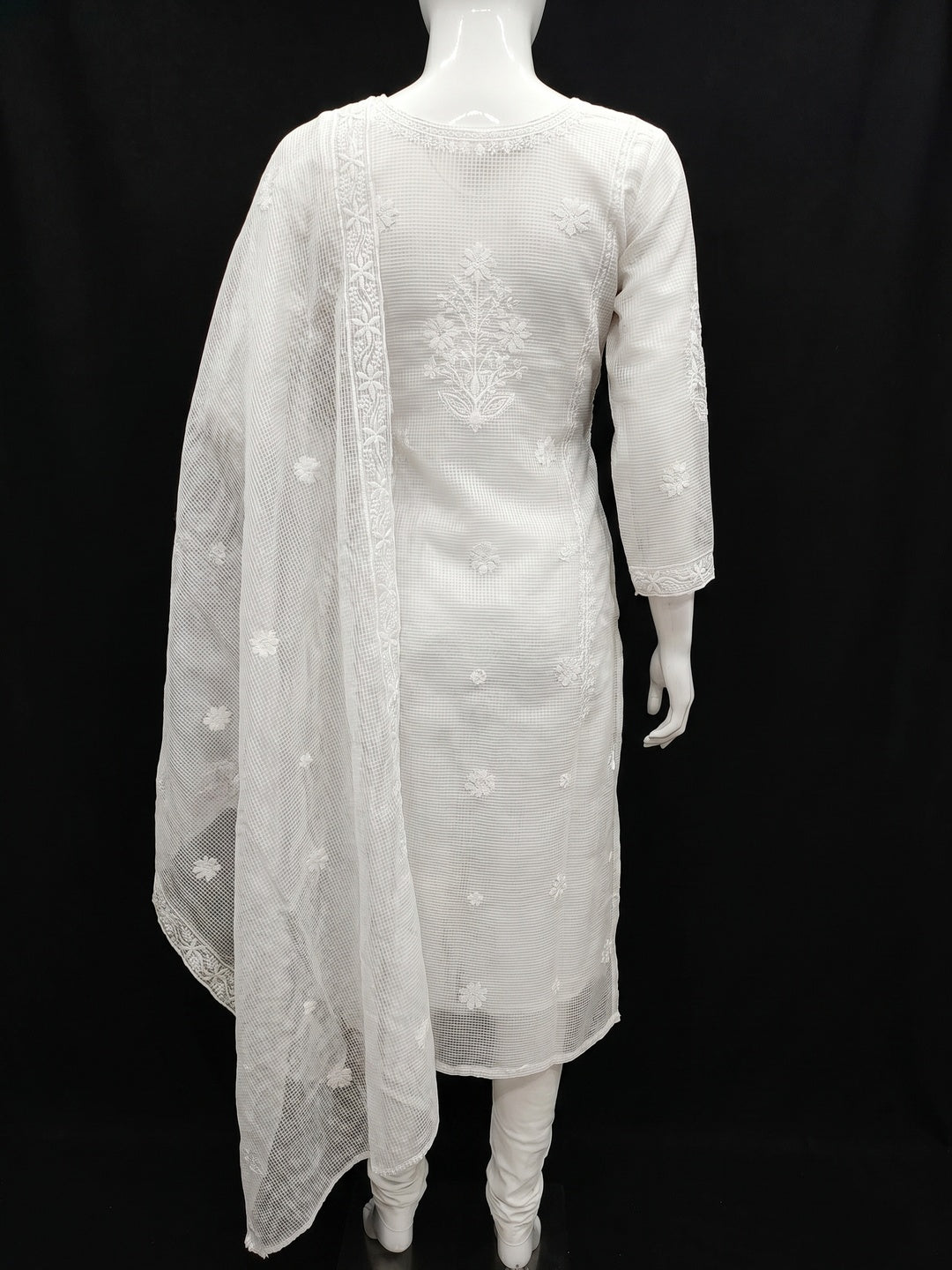 White Floral Embroidered Kota Doria Dress Material - Image 2