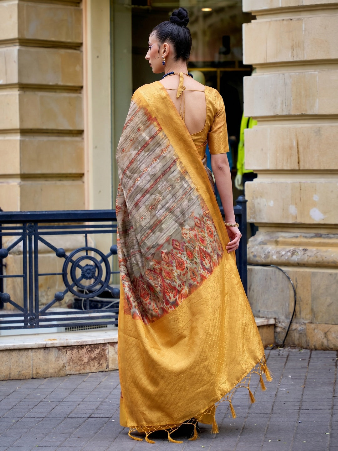 Grey Floral Printed Brasso Saree With Tassels - Image 1