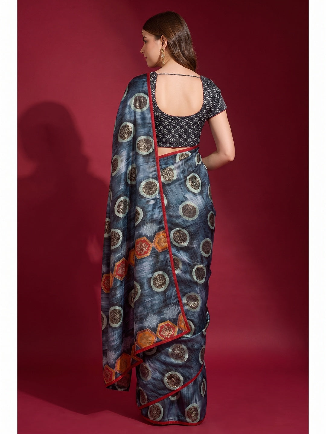Grey Foil Printed Art Silk Saree - Image 1