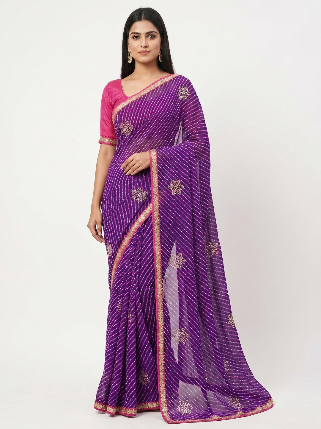 Purple Printed Georgette Saree With lace Border - Image 1