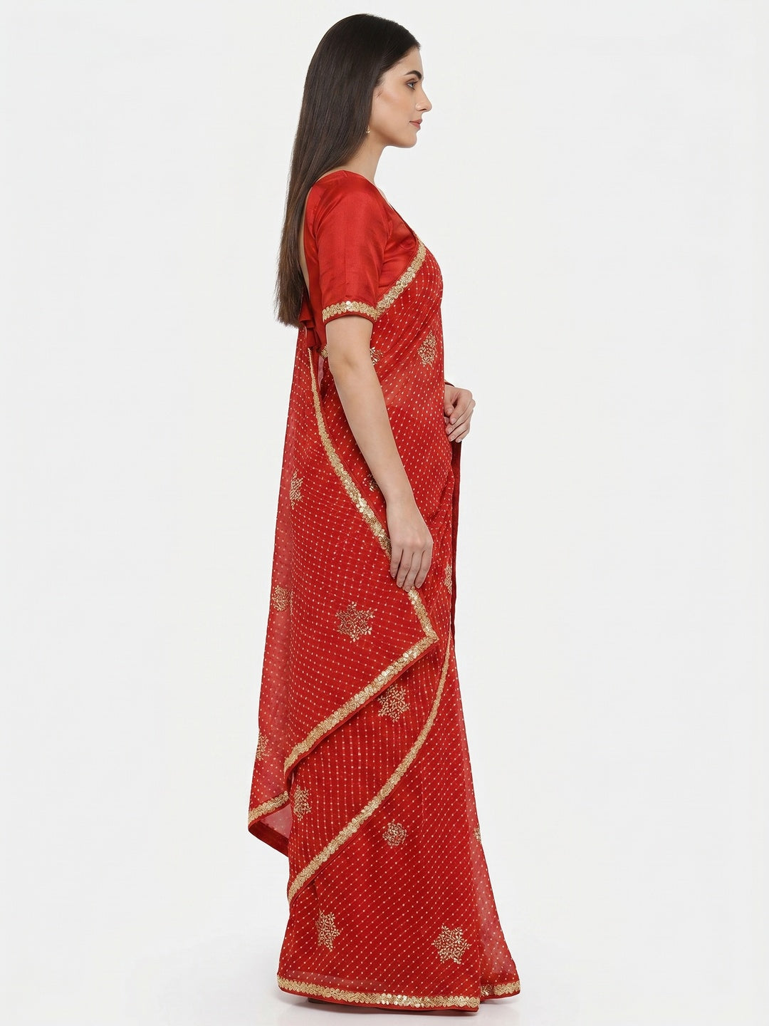 Red Printed Georgette Saree With lace Border - Image 4