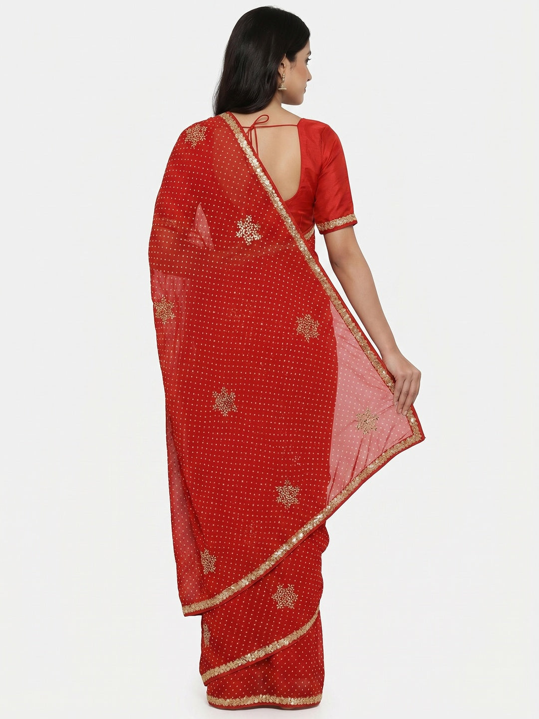 Red Printed Georgette Saree With lace Border - Image 3