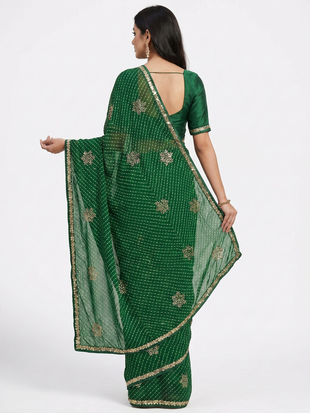Dark Green Printed Georgette Saree With lace Border - Image 3