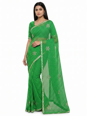 Green Printed Georgette Saree With lace Border - Image 1