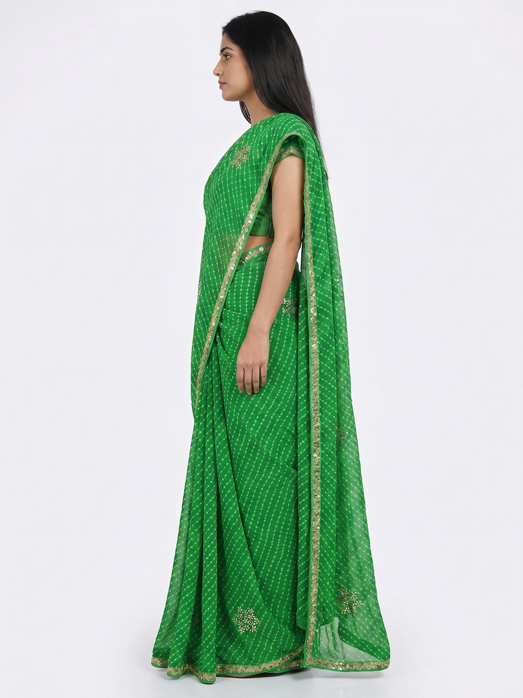 Green Printed Georgette Saree With lace Border - Image 2