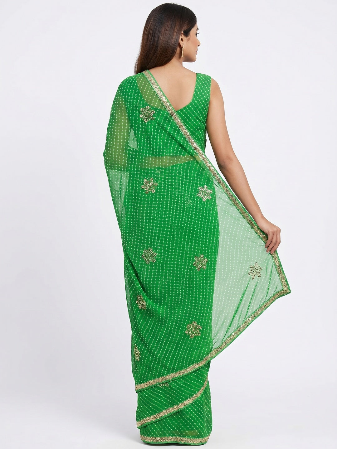 Green Printed Georgette Saree With lace Border - Image 3