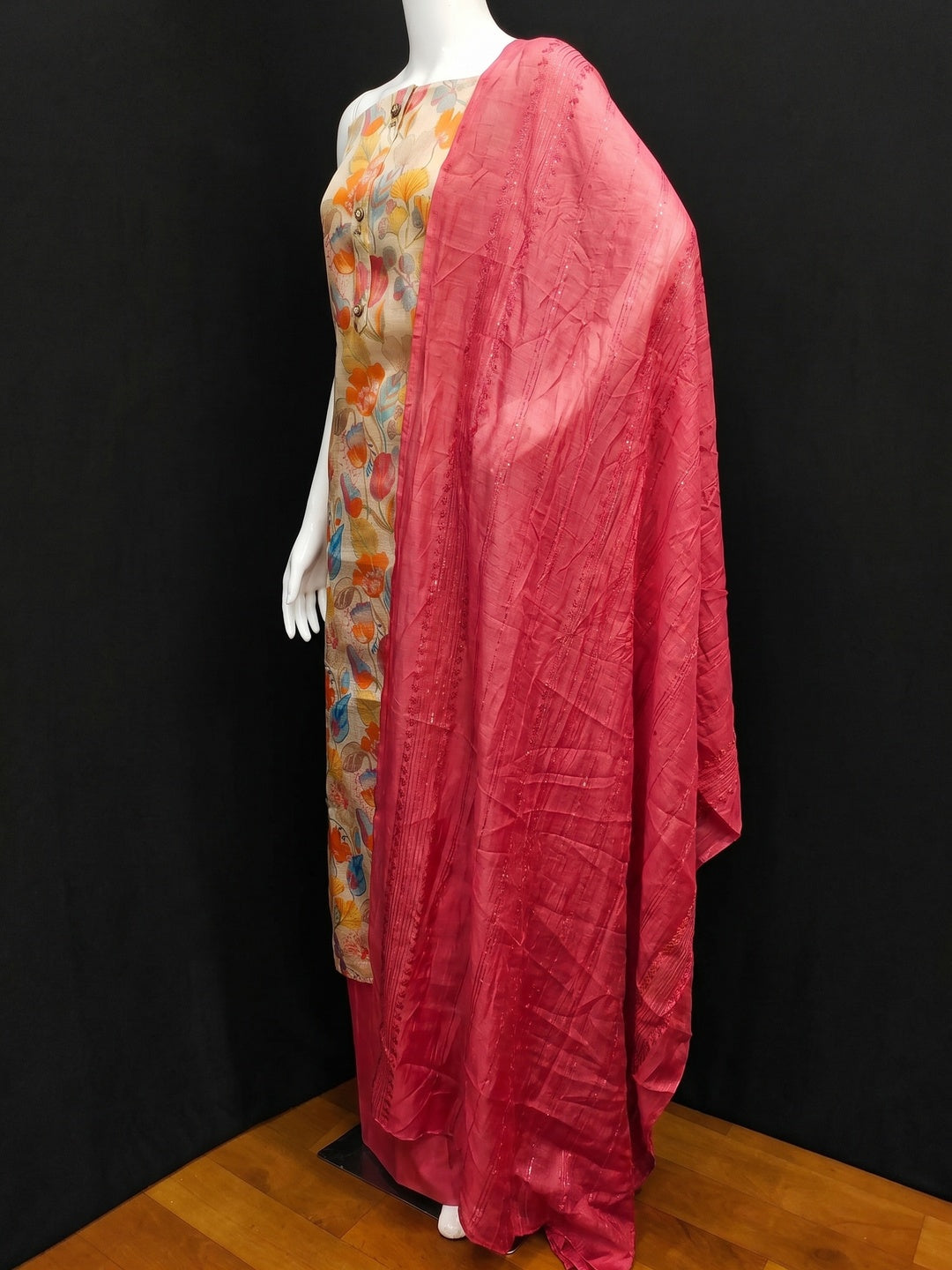 Beige Floral Printed Cotton Silk Dress Material - Image 3