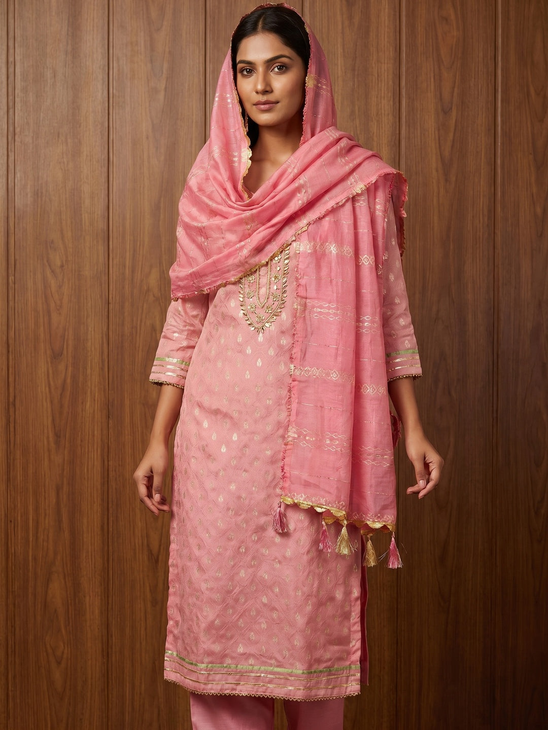 Pink Woven With Handwork Jacquard Dress Material - Image 3