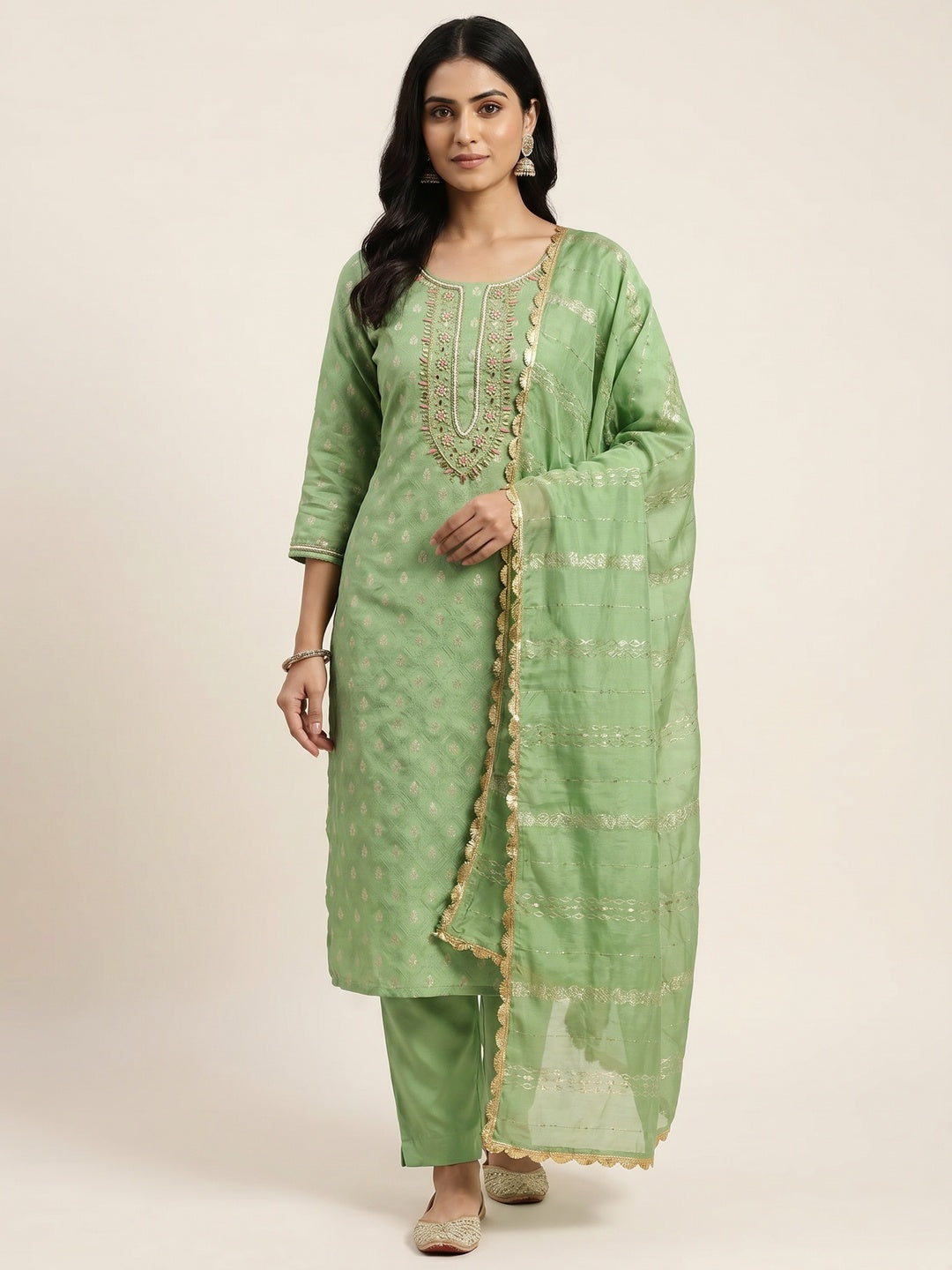 Green Woven With Handwork Jacquard Dress Material - Image 1