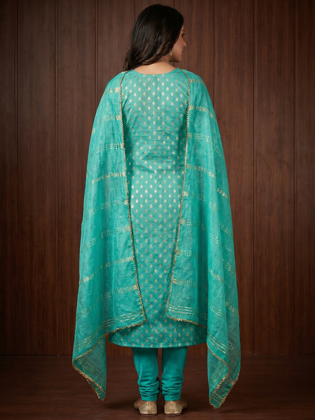 Turquoise Woven With Handwork Jacquard Dress Material - Image 3