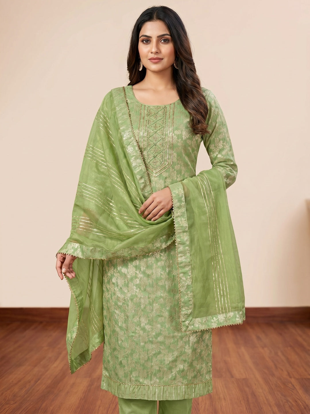 Green Woven With Handwork Jacquard Dress Material - Image 2