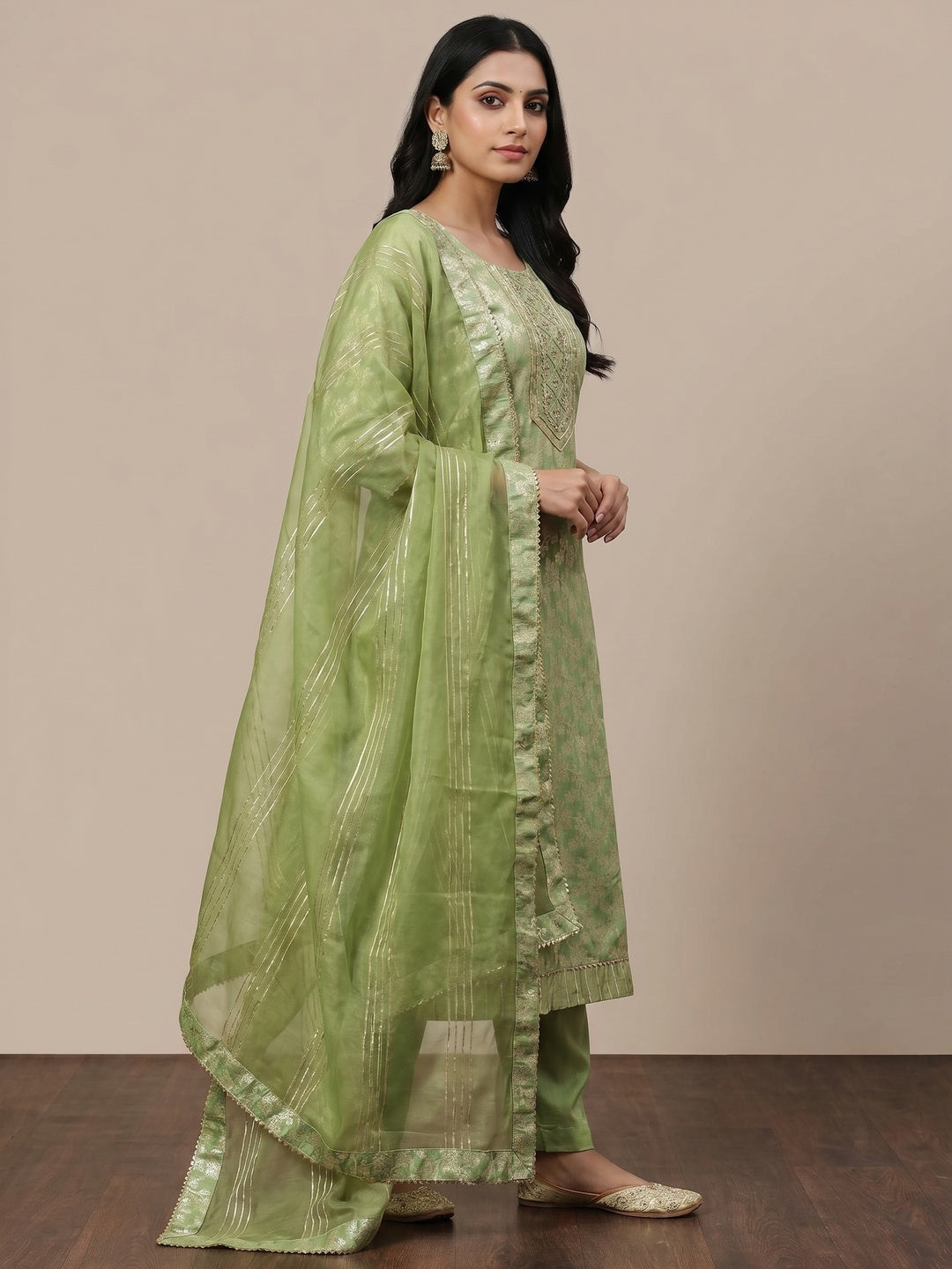 Green Woven With Handwork Jacquard Dress Material - Image 1