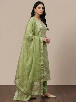 Green Woven With Handwork Jacquard Dress Material - Image 1