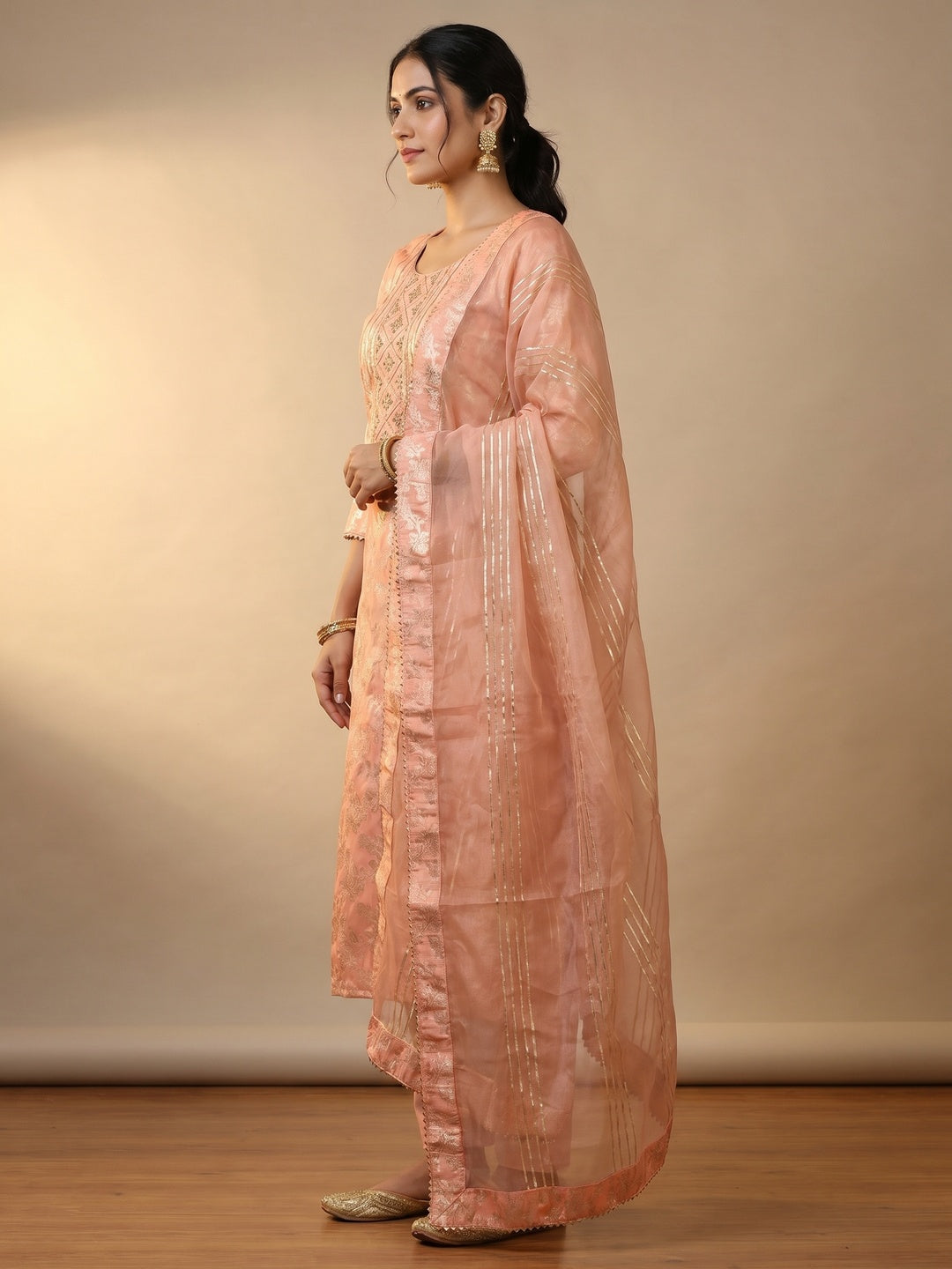 Peach Woven With Handwork Jacquard Dress Material - Image 3