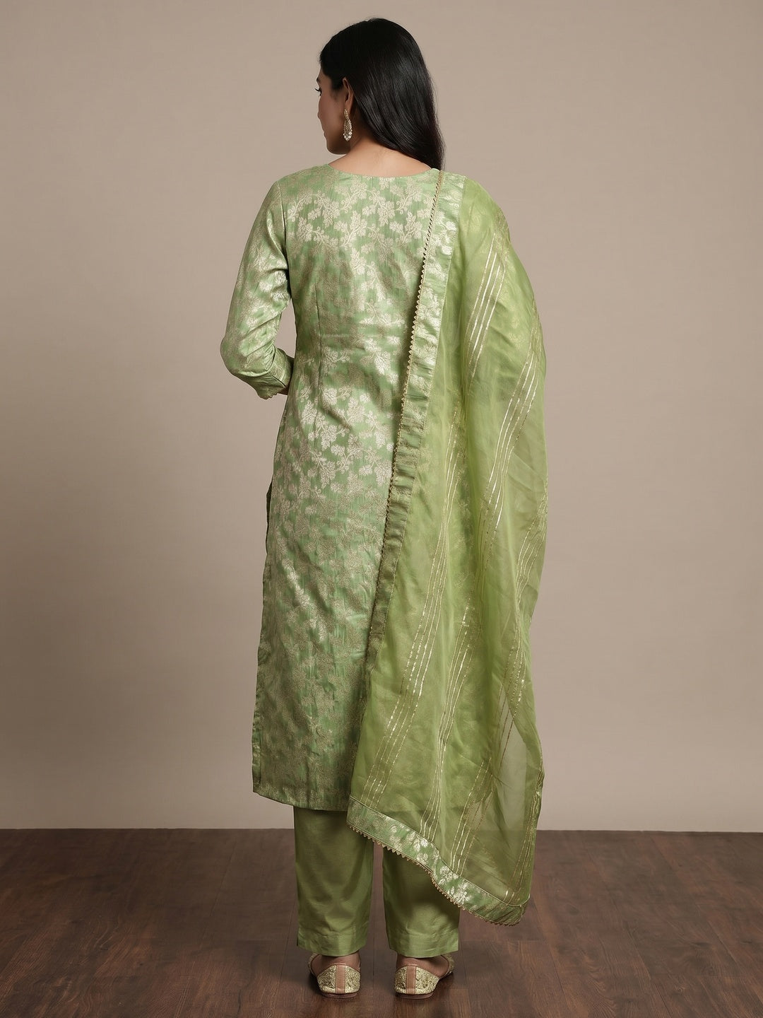 Green Woven With Handwork Jacquard Dress Material - Image 3