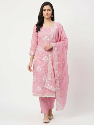 Pink Floral Embroidered Chanderi Cotton Dress Material - Image 1