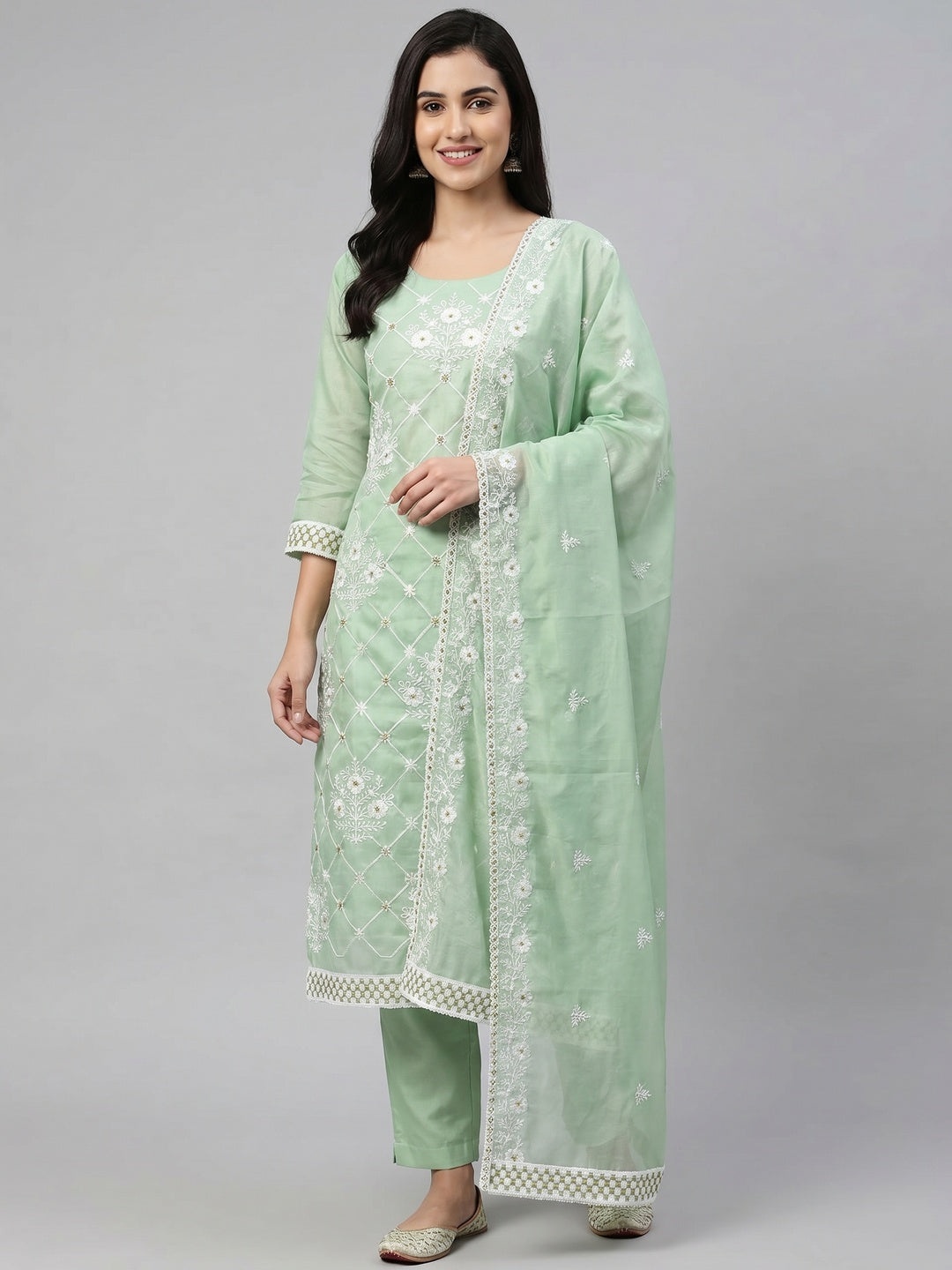 Green Floral Embroidered Chanderi Cotton Dress Material - Image 1