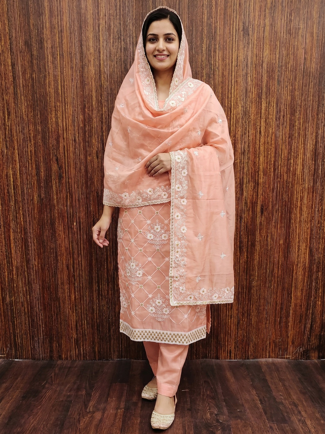 Peach Floral Embroidered Chanderi Cotton Dress Material - Image 1