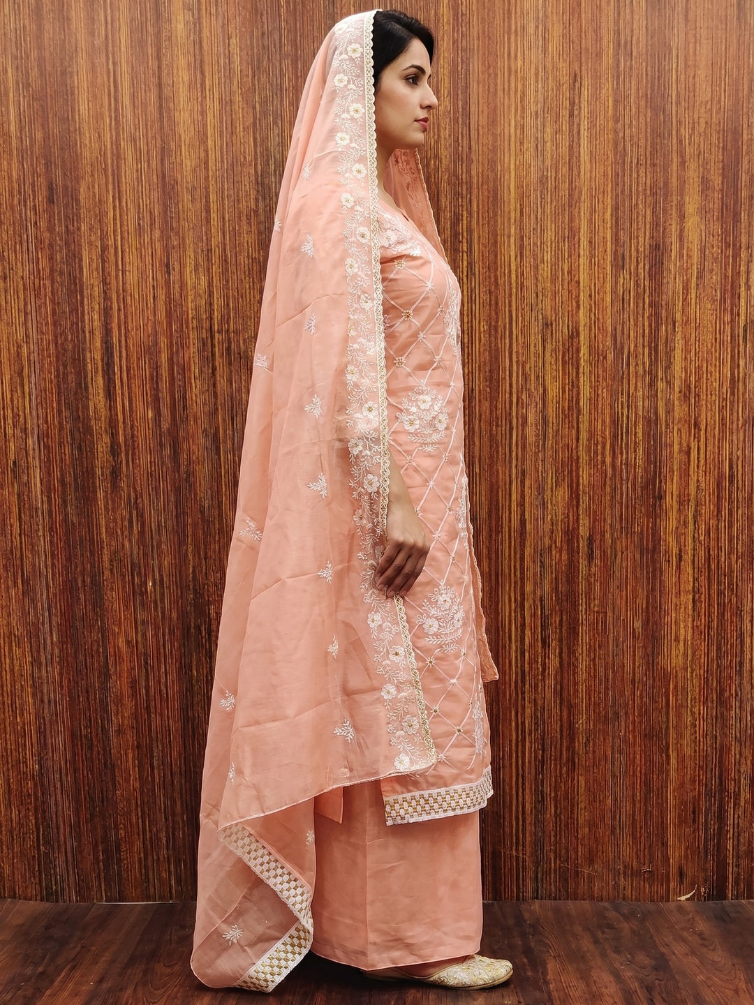 Peach Floral Embroidered Chanderi Cotton Dress Material - Image 2