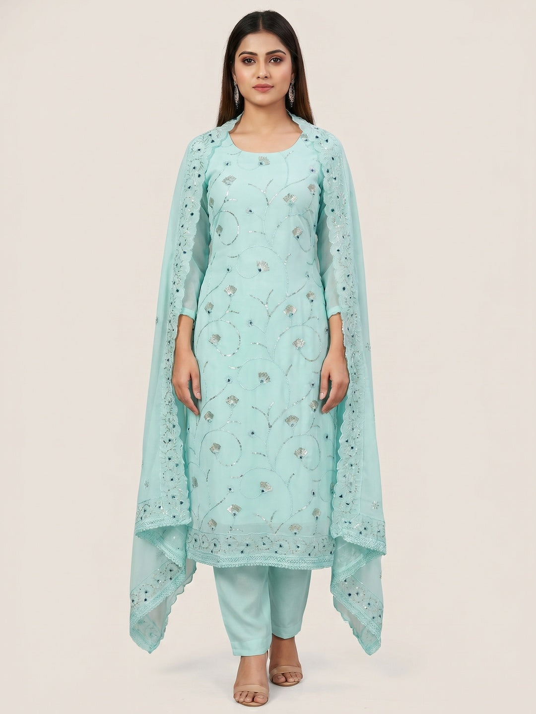 Blue Floral Sequins Embroidered Georgette Dress Material - Image 1