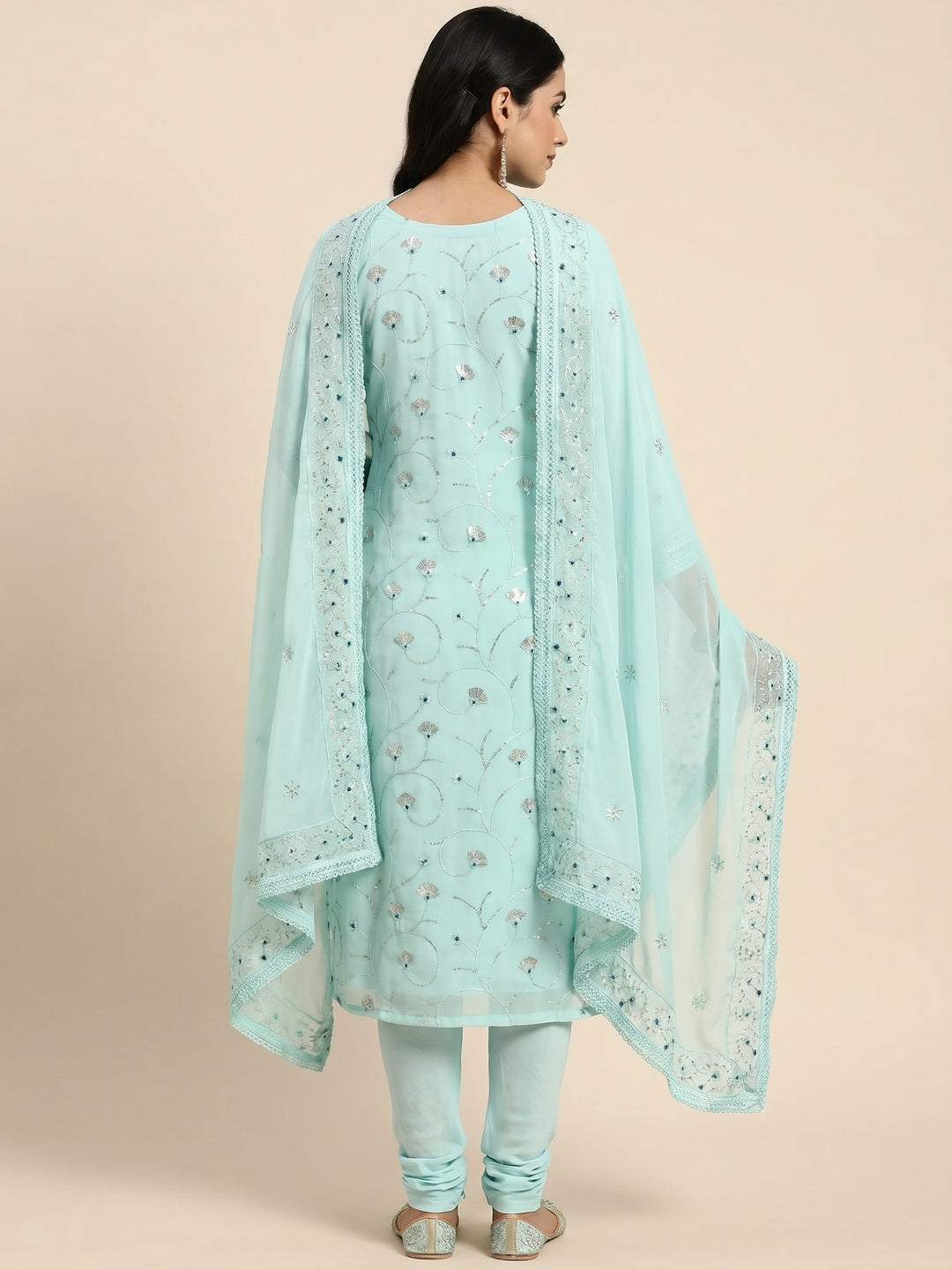 Blue Floral Sequins Embroidered Georgette Dress Material - Image 2