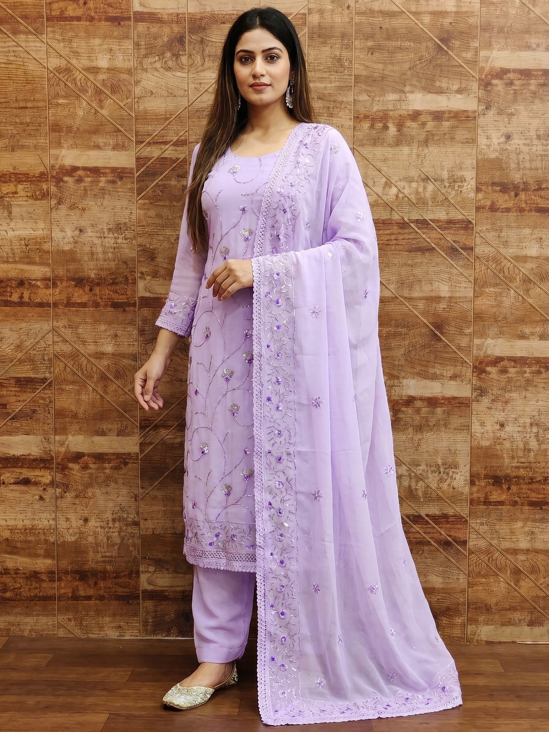 Lavender Floral Sequins Embroidered Georgette Dress Material - Image 1