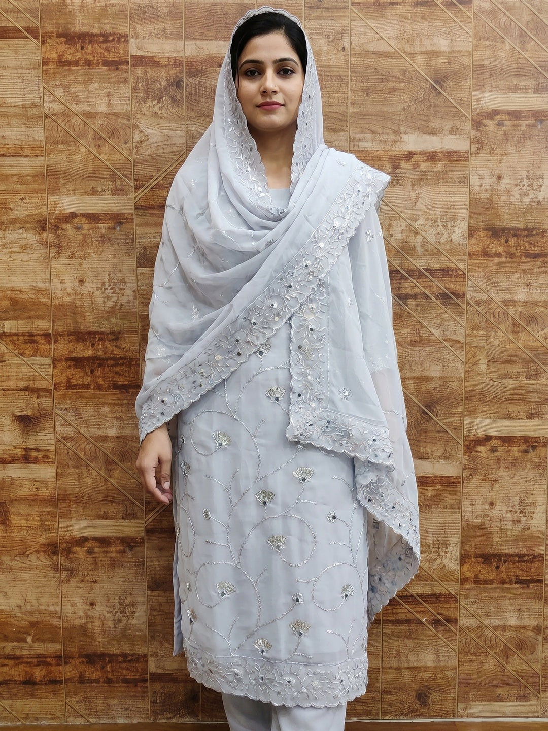 Grey Floral Sequins Embroidered Georgette Dress Material - Image 1