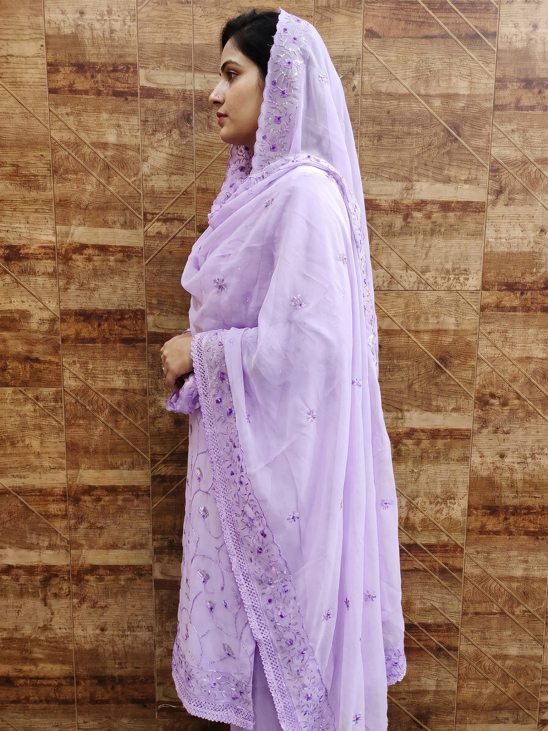 Lavender Floral Sequins Embroidered Georgette Dress Material - Image 3
