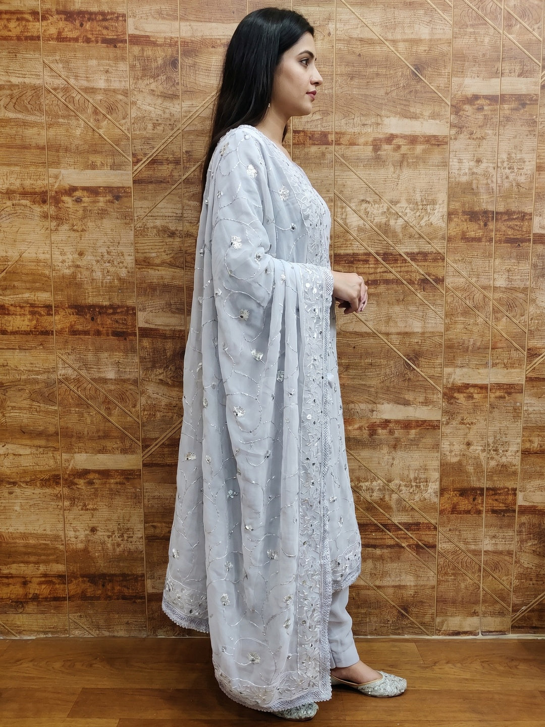 Grey Floral Sequins Embroidered Georgette Dress Material - Image 3
