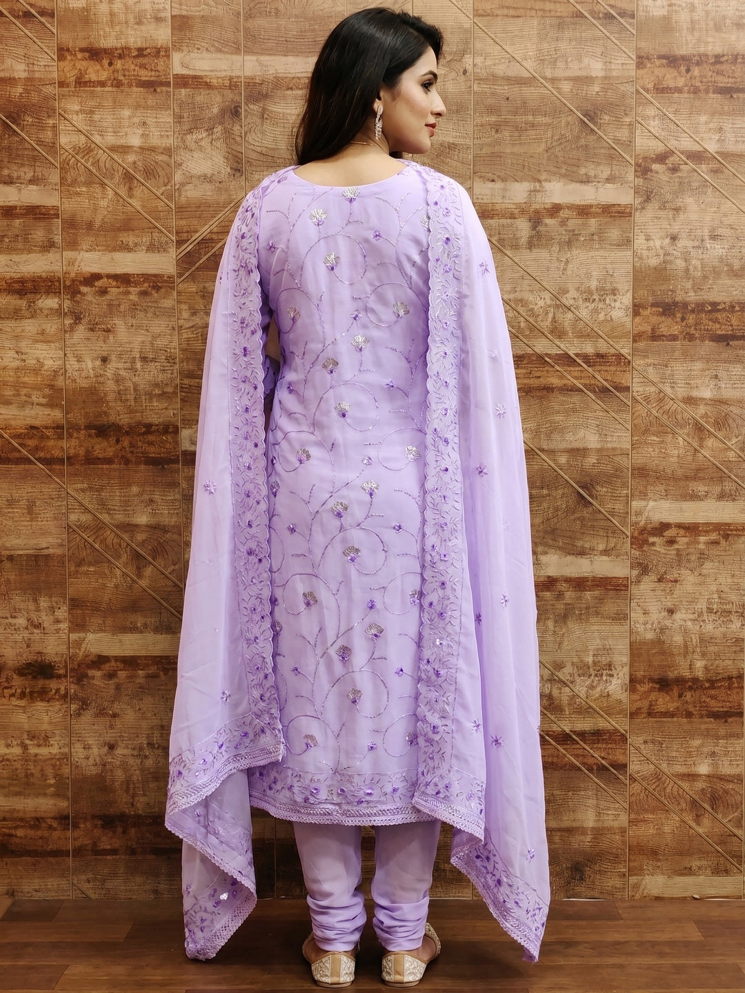 Lavender Floral Sequins Embroidered Georgette Dress Material - Image 2