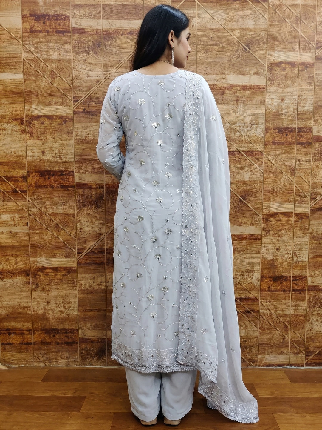 Grey Floral Sequins Embroidered Georgette Dress Material - Image 2