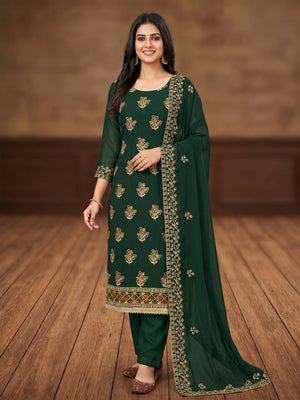 Green Floral Embroidered Georgette Dress Material - Image 1