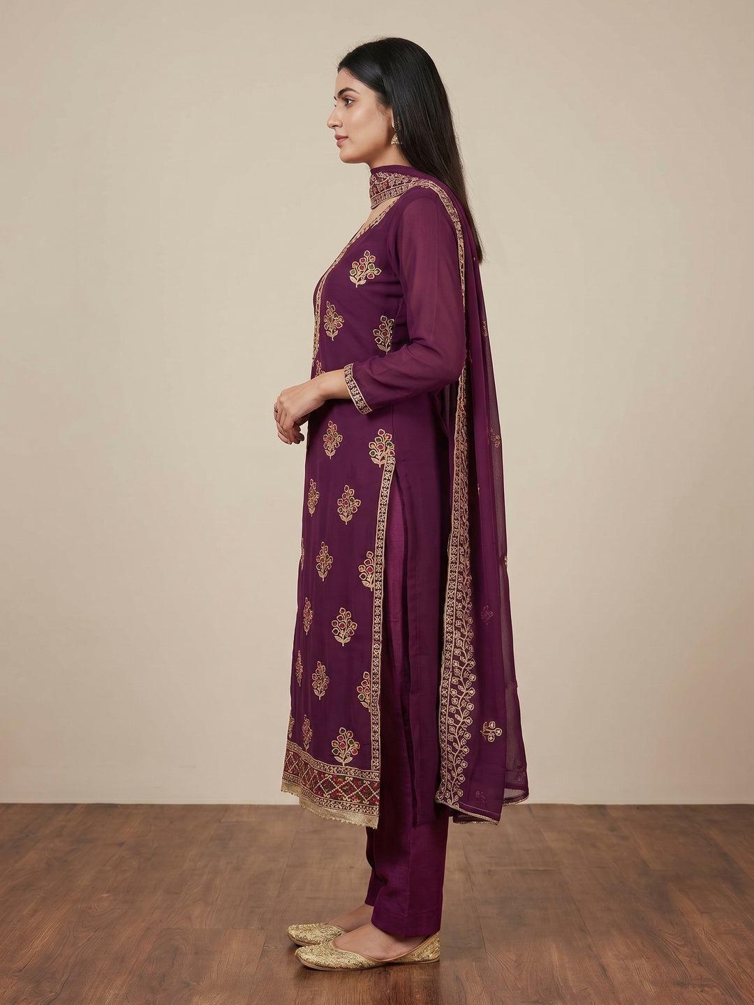 Purple Floral Embroidered Georgette Dress Material - Image 2
